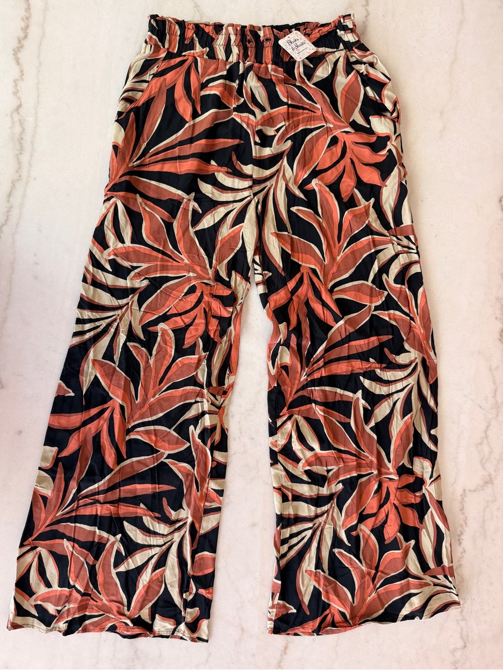 Final Touch Black Wide-Leg Pants with Coral & Cream Tropical Print
